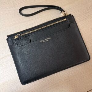 henri bendel Black Leather Zip Wristlet with Gold Hardware